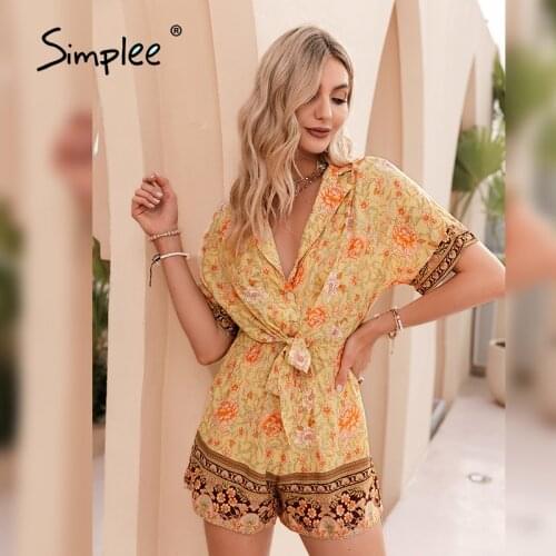 Simplee Retro Ethnic Flower Print Deep V-neck Women Romper 2021 Casual Summer Lace-up Boho Beach Playsuits Fahsion Female Romper