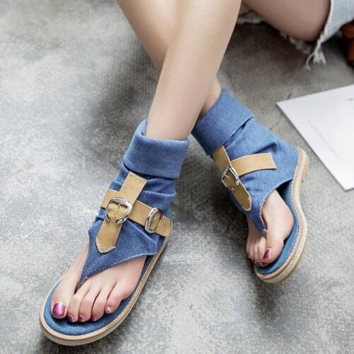 High Top Flip Flops Women Sandals Fashion Denim Roman Gladiator Sandals Summer Ladies Beach Shoes Female Flat Sandalias WSH3894