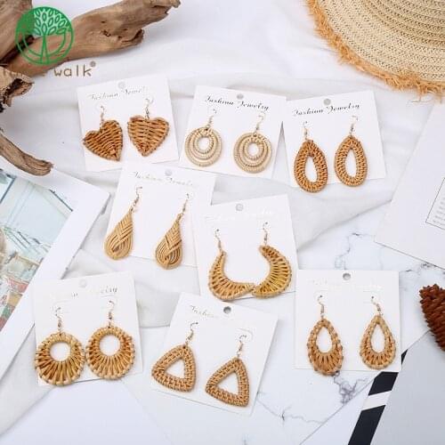 New Fashion Korea Handmade Geometric Wooden Big Hollow Out Square Rattan Straw Weave Drop Earrings for Women