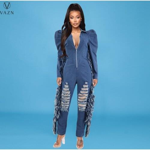 VAZN 2021 Autumn High-end Denim Jumpsuits Solid Hollow Out Hole Nature Full Sleeve Sexy Designer Women Slim Straight Jumpsuits