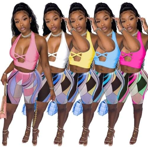Sexy Two Piece Set Printed Halter Cross Hollow Out Backless Sleeveless Vest Party Vacation Streetwear Matching Suit Women Summer