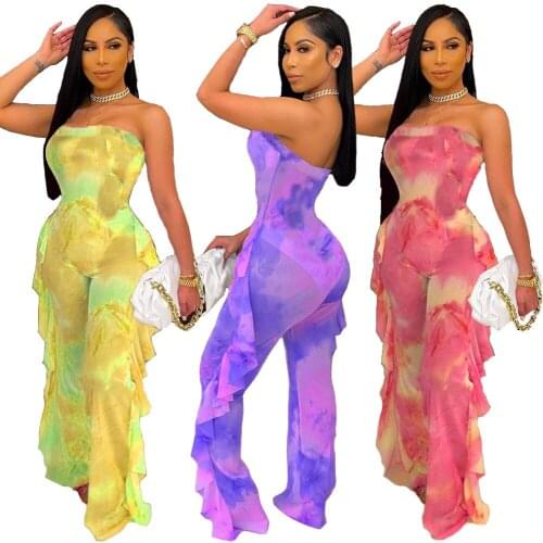 2021 Tie Dye Print Ruffle Sheer Mesh Jumpsuit Women Sexy Summer Beach Strapless Romper Wide Leg Pants Holiday Overalls