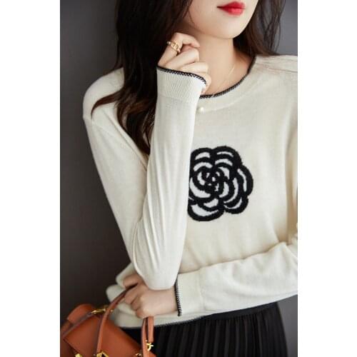 2021AutumnWinter New Stylish Elegant WOOL Knitted Pullovers Women O Neck Contrast Color Beading Rose Sweater