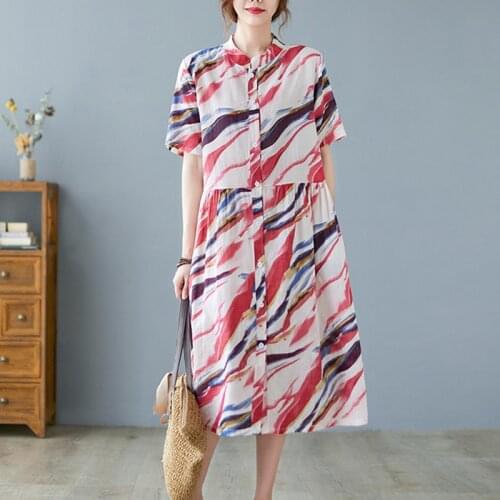 Korea Style Stand Collar Fashion Women Blouse Dress Cotton Linen Tie Dye Print Vintage Summer Dress Office Lady OL Work Dress