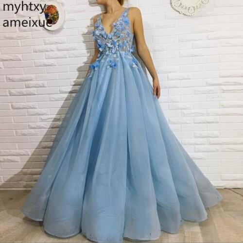 2020 A-line Blue Plus Size Evening Dresses Tulle Flowers Beaded V-neck Formal Islamic Saudi Arabic Long Elegant Robe De Soiree