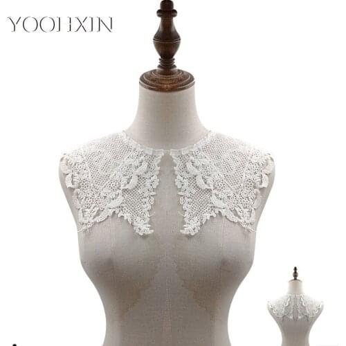 1pair NEW white Cotton flower embroidery DIY lace collar Fabric Sewing ribbon trim Applique neckline craft cloth Wedding textile