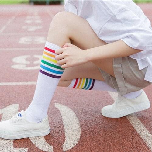 1pair Thigh High Socks Over Knee Rainbow Stripe Girls Football Socks Black White Chaussette Calcetines Гольфы Женские Носки