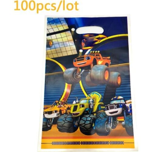 100pcs Happy Baby Shower Party Kids Boys Favors Blaze Monster Machines Theme Plastic Loot Bags Birthday Decoration Gifts Bags