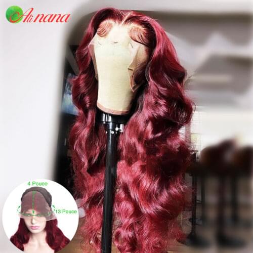 13×4 Lace Frontal Wig For Women Pre-Plucked Transparent Lace Peruvian Body Wave Human Hair Wigs Cherry Red Color 180% Density