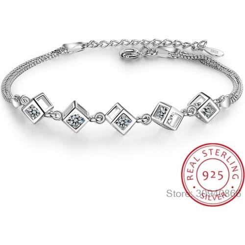 925 Sterling Silver Double Chain Cube Box Bracelets & Bangles pulseira New Fashion Bracelet For Women sterling-silver-jewelry