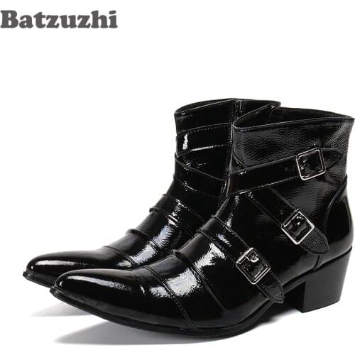 Batzuzhi 6.5cm High Heel Mens Boots Pointed Toe Genuine Leather Ankle Boots Men Black Motorcycle Knight Botas Hombre, Big Sizes