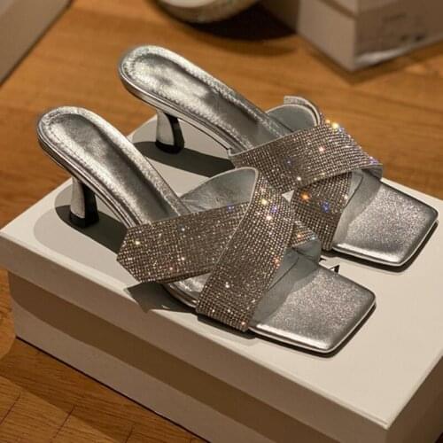 Glitter Rhinestones Slippers Women Sandals High Heel Summer Slides Crystal Silver Slippers Beach Sandles Shoes Sexy Sandalias