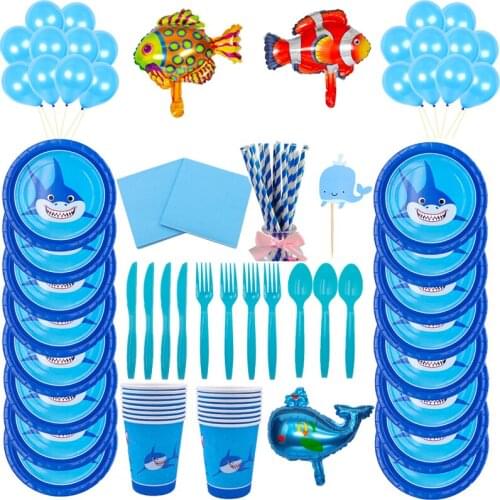 Paper Napkins Cups and Plates Disposable Tableware Baby Happy Birthday Party Supploes Decoration Cartoon Blue Shark Pattern