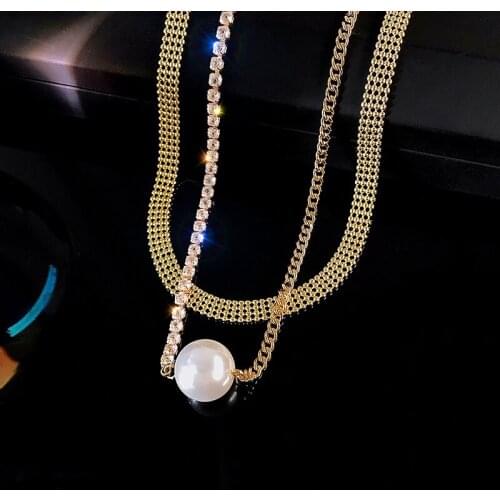 Double-Layer Necklace, Big Pearl, Full Crystal, Clavicle Chain, Personality Necklace, Korean Style Temperament Ins Girl Pendant