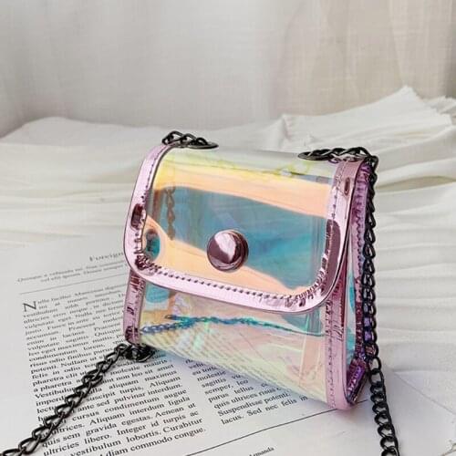 066C Holographic Crossbody Shoulder Bag with Chains Transparent Handbag for Girl Kids