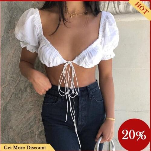 Hirigin Summer Women Sexy Front Tie Ruched Crop Tops Deep V-Neck Puff Sleeve Bustier Bra Cami Navel T-Shirt High Street Tee