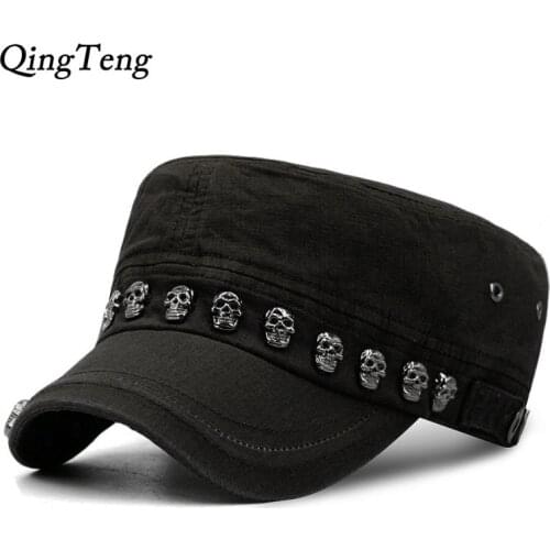 Hip Hop Skull Flat Hats Punk Rivet Ring Men Army Hat Cool Woman Casual Baseball Cap Brand Fitted Hats 2018 New YearS Gift