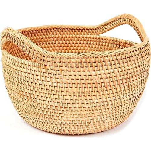 Round Rattan Bowl with Straps - Wicker Basket for Organizing, Storage. Picnic Basket (11.8 inch)