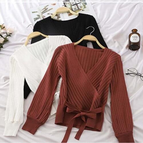 LJSXLS Autumn Winter Elegant Bow Knitted Sweater Woman V-Neck Pullovers Sweaters Long Sleeve Slim Jumper 2020 Women Clothing