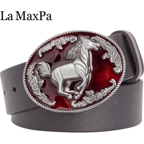 Fashion belt men cowskin leather belt horse buckle Wild horse belt West cowboy style jeans waistband women
