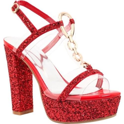 New Summer 2019 Sexy Sequined Open Toe High-heeled Platform Sandal Block Heel for ladies and womens shoes