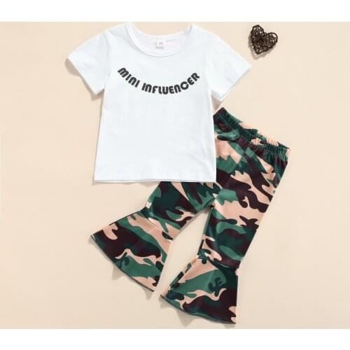 Irls clothes set children clothing outfits New Summer Girls Letter Print Short Sleeve O-neck T-shirt + Camouflage Flared Trouser