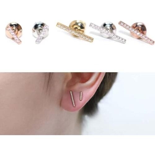 925 sterling silver factory drop shipping long short cz bar studs delicate girl double hole fashion simple cz earring