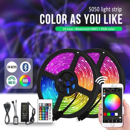 5m 10m 15m WiFi LED Strip Light RGB Waterproof SMD 5050 2835 DC12V RGB String Flexible Ribbon WiFi Contoller+Adapter plug