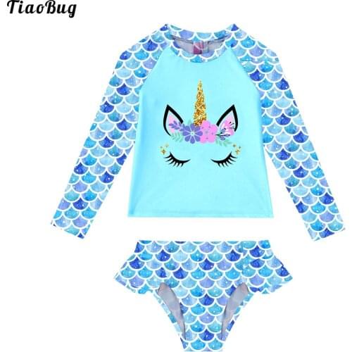 TiaoBug Cute Summer 2Pcs Kid Girls Cartoon Print Swimming Suit Round Neck Long Sleeves Tops And Briefs Set Swimwear Beach Bikini