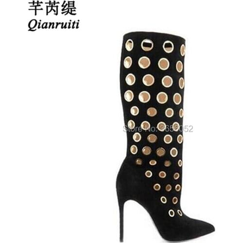 Qianruiti Designer Shoes Woman Pointed Toe Knee High Boots Metallic Rings Hollow Out Sexy Stiletto Botas Mujer Suede High Heels