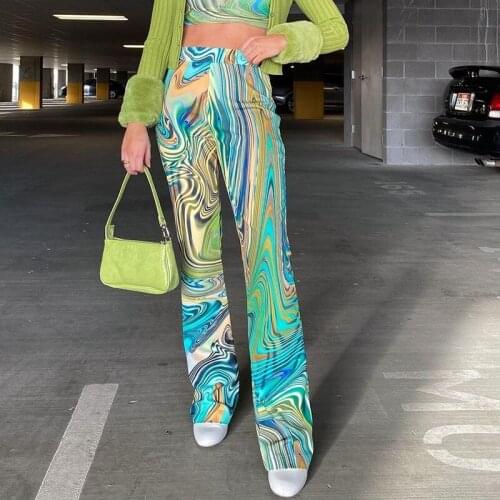 Water Ripple Print Women Bottoms Pants Panelled Casual Irregular Straight Leg Pants Fashion High Waisted Loose Flat Flare Pants