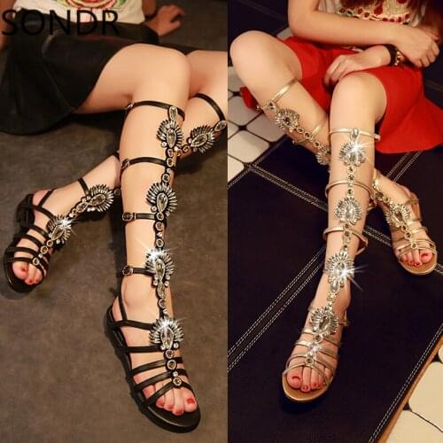 Womens Knee High Rhinestones Crystal Diamond Sandals Boots Shoes Belt Buckle Straps Hollo Stilettos Gladiator Plus Size C315