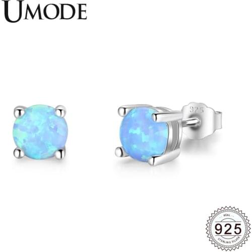 UMODE Round 5mm Blue Natural Fire Opal 925 Sterling Silver Studs Earrings for Women Gemstone Diamond Jewelry bijoux 925 ULE0482