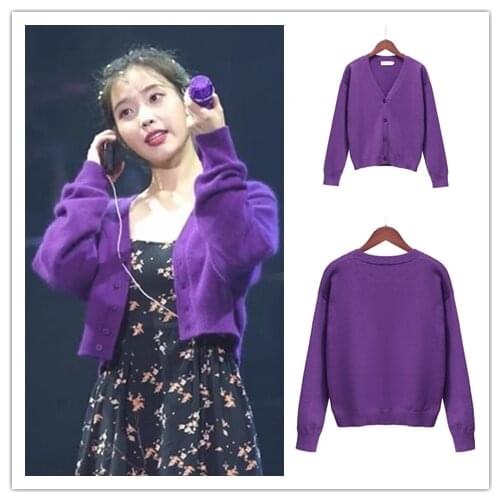 KPOP IU Lee Ji Eun Women Knitted Cardigan Sweaters Autumn Sexy V-Neck long Sleeved Button Sweater Casual Loose Solid ladies Tops