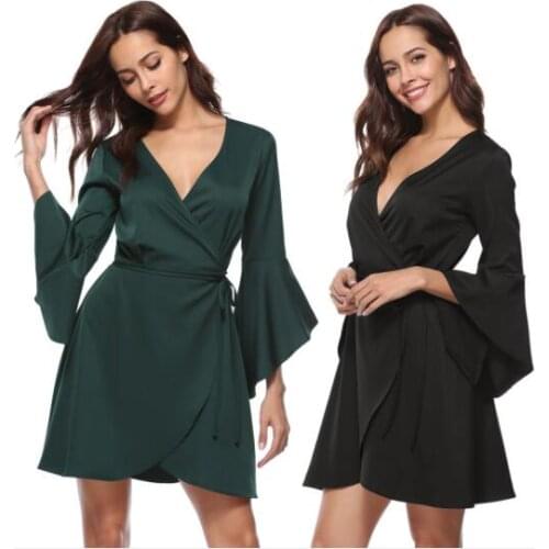Women solid dress Autumn Elegant Ruffle flare sleeve sash wrap dress V neck sexy female dress vestidos