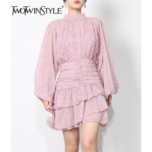 TWOTWINSTYLE Vintage Fold Trim Dress For Women Stand Collar Long Sleeve High Waist Autumn Dresses Female Fashion New Clothing