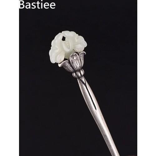 Bastiee Peony Flower 925 Sterling Silver Hair Stick Jade Luxury Chinese Ancient Wedding Jewelry Vintage Hairpins Women Jewellery