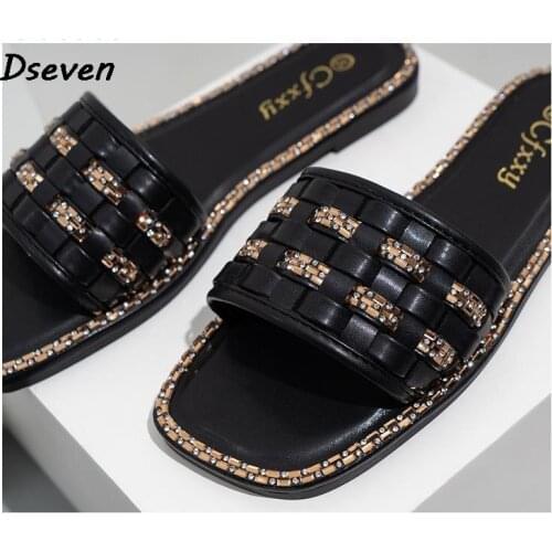 Summer Women Slippers Braided Rhinestone Inlaid Flat Bottom Female Sandals Rhinestone Trim Outside Flat Slippers Ladies Slides