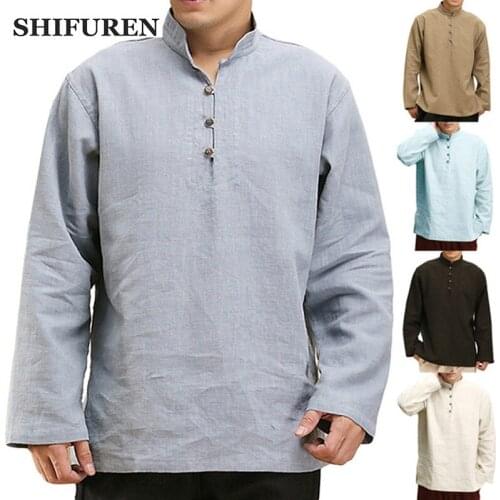 SHIFUREN 2019 Spring New Mens Long Sleeve Cotton Shirts Loose Fit Casual Male Social Shirts Tops Blouse Solid Color