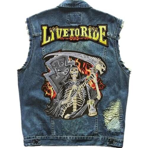 SKELETON Mens SKULL Embroidered Patch Motorcycle Vest Distressed Ripped Denim Sleeveless Men Motor Biker Jackets