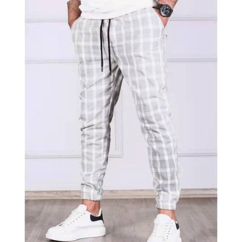 2021 New Fashion Plaid Pants Mens Skinny Pencil Pants Slim Mid Waist Drawstring Trouser Men Loose Casual Jogger Long Pants