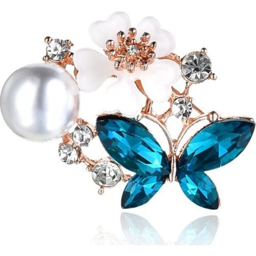Luxury Elegant Big Pearl Shell Flower Blue Crystal Cute Butterfly Brooches Gold Color Rhinestone Alloy Brooch Lady Safety Pins