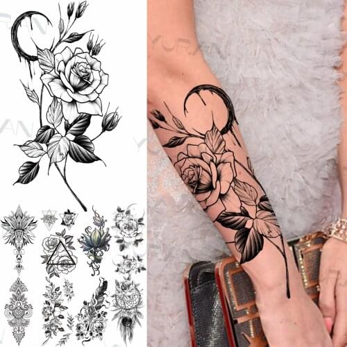 Sexy Moon Rose Flower Temporary Tattoos For Women Girls Forearm Thigh Lotus Feather Plant Fake Tattoo Sticker Waterproof Tatoo