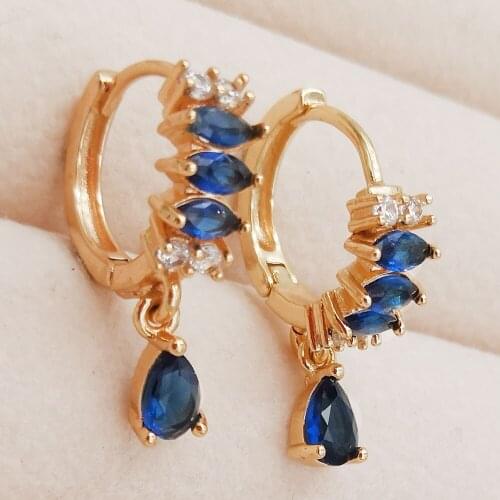 Trendy Gold Copper Plated Water Drop Round Hoop Earrings Navy Blue Zirconia Stone For Women Fashion Jewelry Accessories Gift
