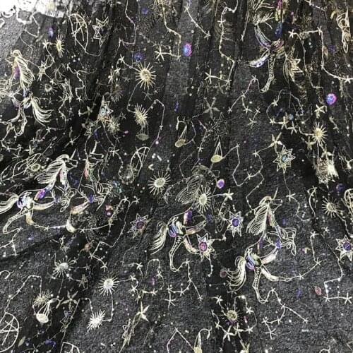 Sparkle Stars Moon Sequins Gold Thread lace fabric on tulle For Bridal Evening Show Dresses Sewing Wedding Craft Garment