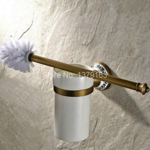 Vintage Retro Antique Brass Wall Mounted Toilet Brush & Holder Set White Brush Ceramic Cup Bathroom Accessory aba406