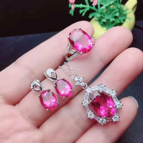 High quality Pink Topaz Ring Earrings Pendant Necklace Set S925 Pure Silver Fine Fashion Wedding Jewelry for Women