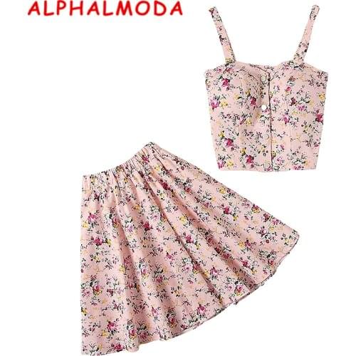 ALPHALMODA New Arrived Single Breasted Floral Tank Top + Mini Skirt Women 2pcs Summer Sets Stretchy Crop Top Boho Skirt Suits
