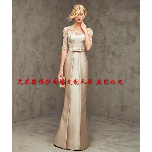 New hot sexy half sleeves lace long prom gown 2018 vestidos appliques button bow sashes floor-length Formal bridesmaid dresses