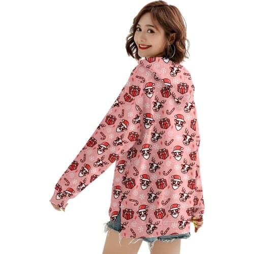 2021 Pink Oversized Christmas Print Hoodies Women Sweatshirt Lady Girls Winter Warm Streetwear Pullovers Loose Sleeve Hoodie